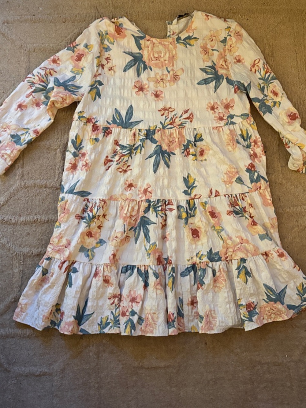 Zara White Floral Tiered Long-Sleeve Dress with Pink & Blue Flowers